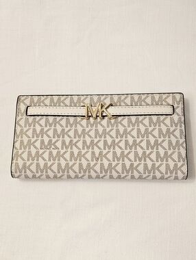 Michael Kors Cream Beige Signature MK Continental Wallet with Gold MK Accent